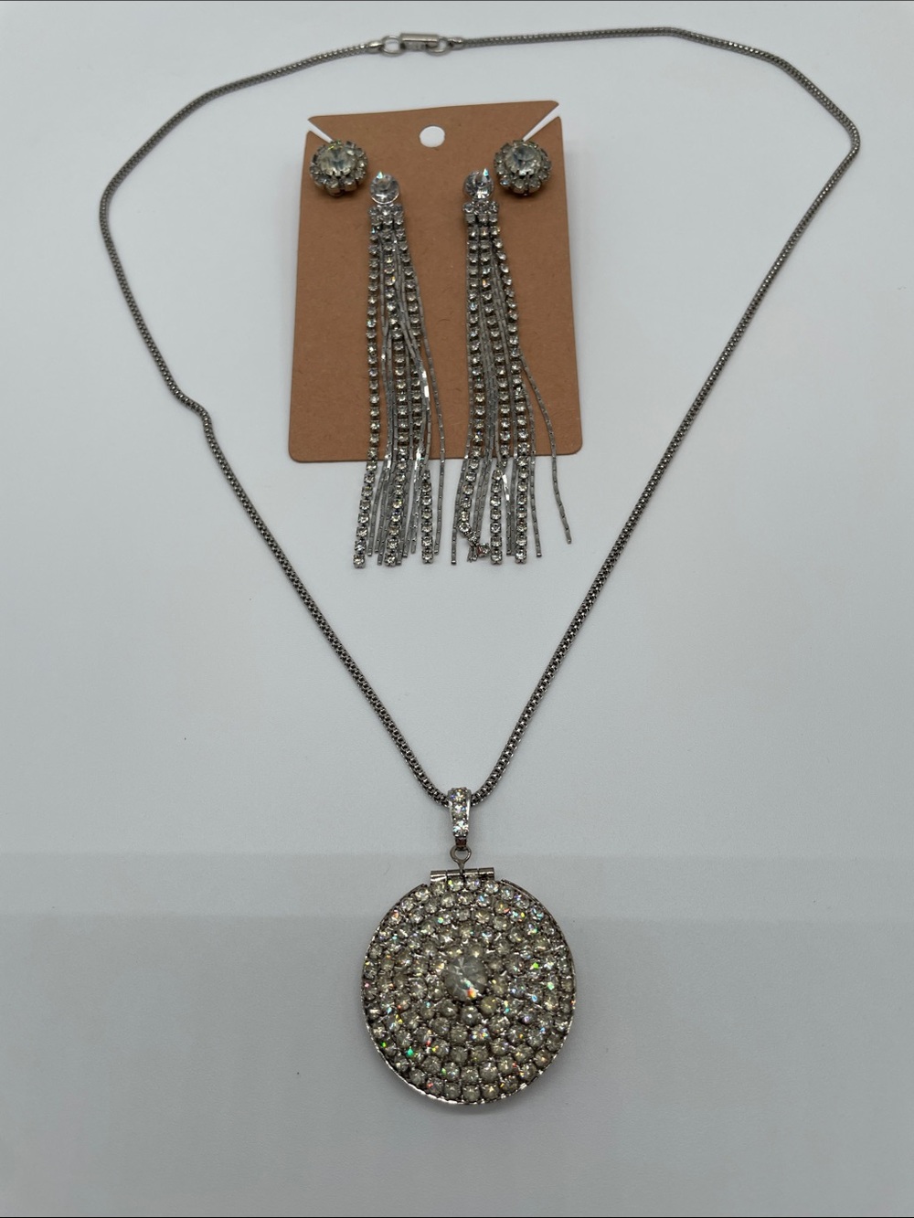 Silver Crystal Pavé Locket Pendant Necklace with Matching Earrings